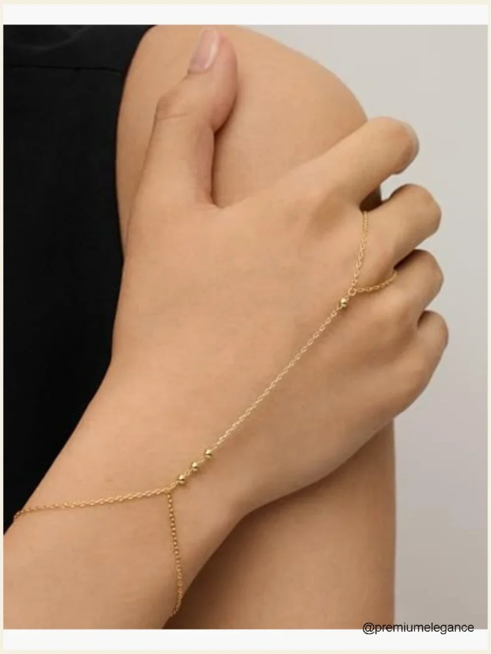 14K Gold Plated Hand Chain Bracelet with Ring - Dainty Adjustable Body Jewelry